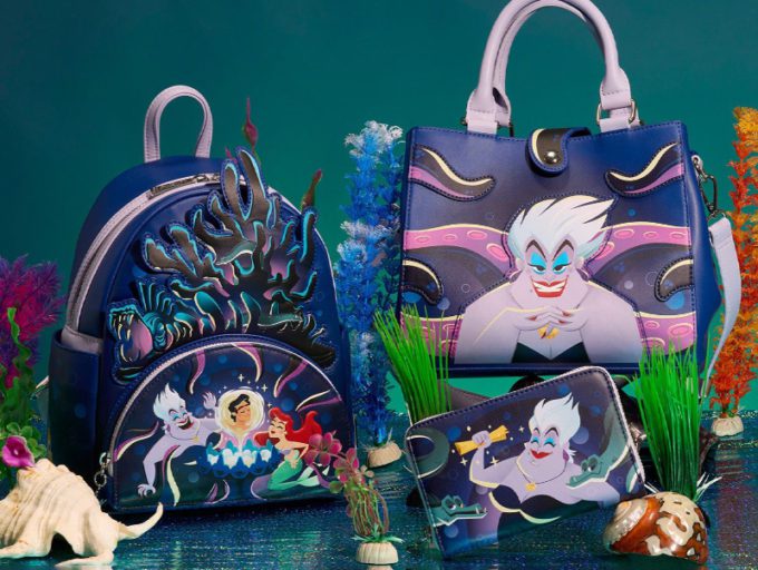 Colección Loungefly de Ursula con mochila, bolso y cartera.