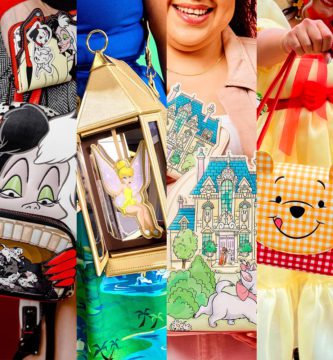 Collage de fotos con productos Loungefly como mochilas, carteras y bolsos Disney