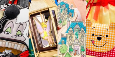 Collage de fotos con productos Loungefly como mochilas, carteras y bolsos Disney