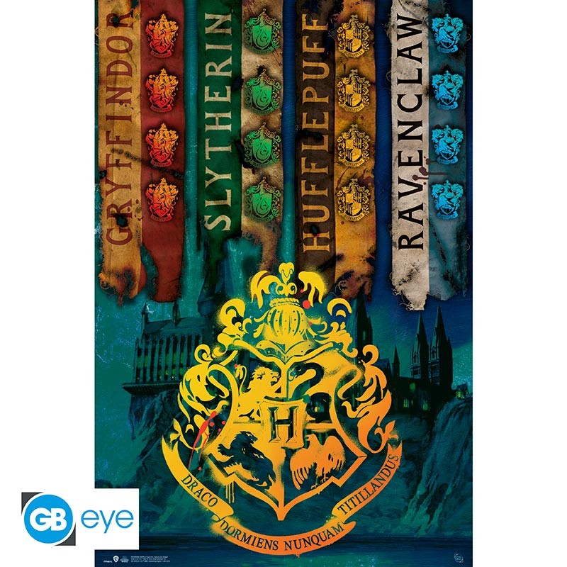 Poster Banderas Casas Hogwarts Harry Potter 91,5 x 61 cms | Kurogami