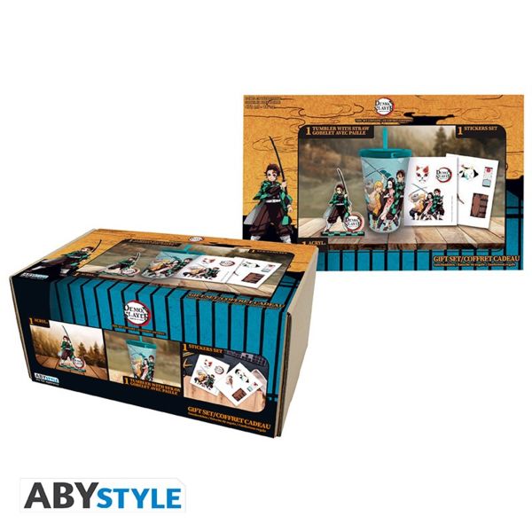 Pack Regalo Botella 470ml, Figura Acrilica y Set de Pegatinas Kimetsu No Yaiba