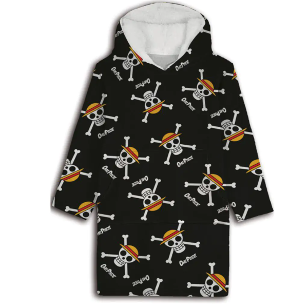 Poncho Polar Negro Calavera Sombrero de Paja One Piece