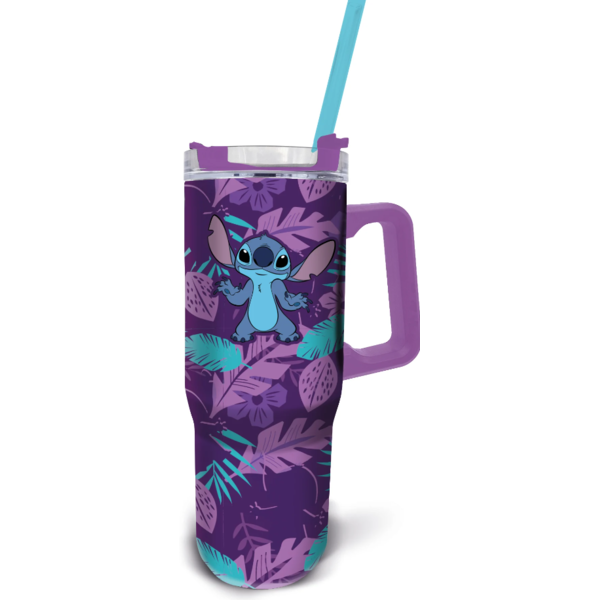 Termo con Pajita XL Stitch Flores Moradas Lilo & Stitch Disney 940 ml