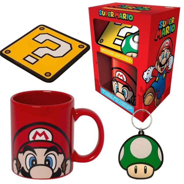 Caja Regalo Set Taza, Posavasos y Llavero Super Mario Nintendo
