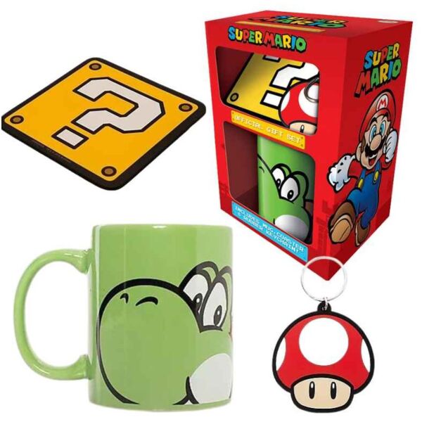 Caja Regalo Set Taza, Posavasos y Llavero Yoshi Super Mario Nintendo