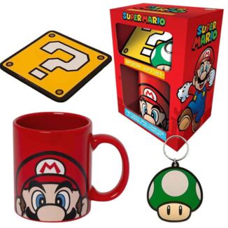 Caja Regalo Set Taza, Posavasos y Llavero Super Mario Nintendo